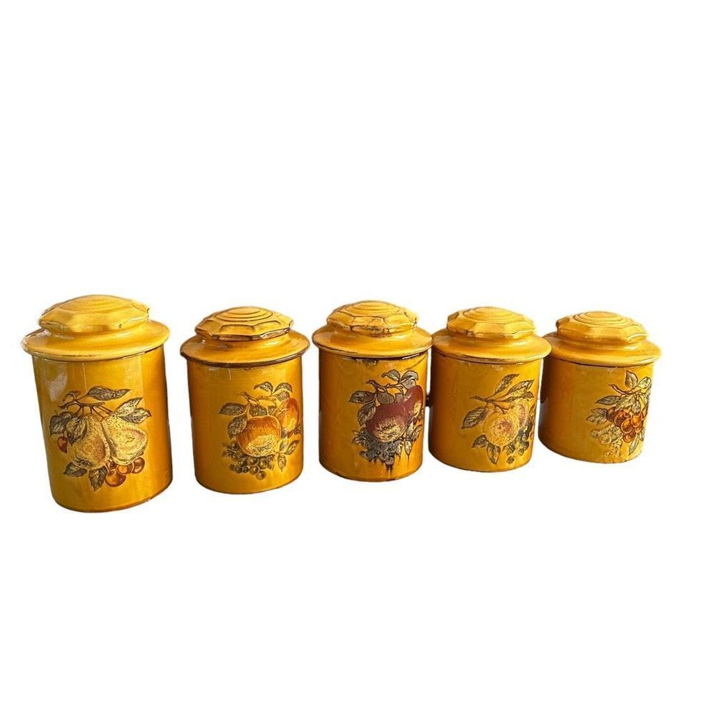 Set of 5 Vintage Holiday Designs Gold Fruit Design Canisters with Lids